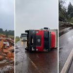 Temporal no RS: caminhão tomba com a força de vento em estrada; quedas de árvores e casas destelhadas também foram registradas
